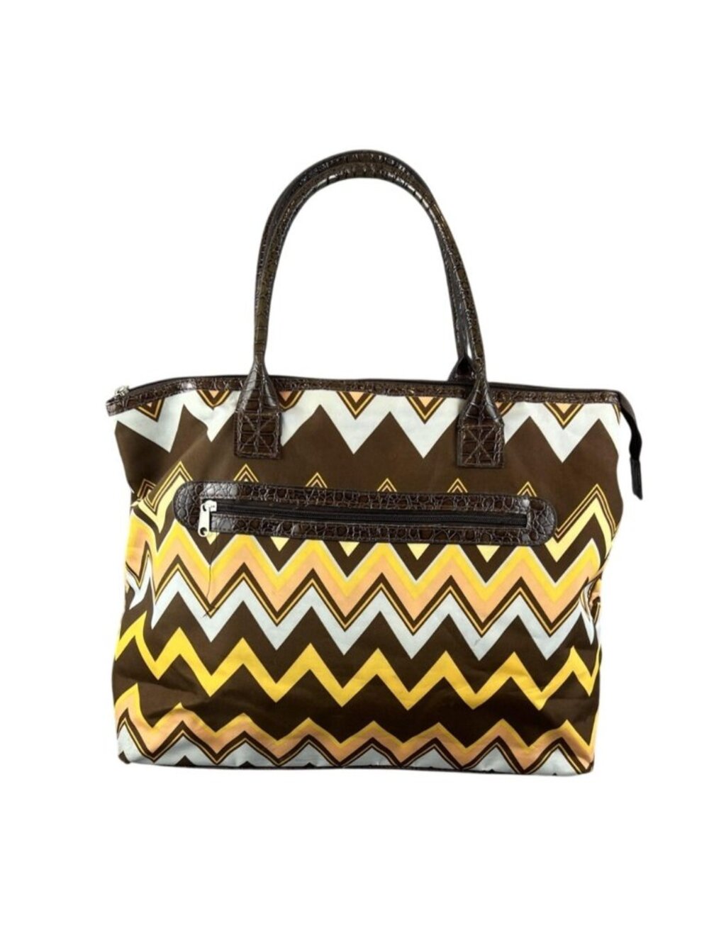 Tote Bag Womens Large Brown Chevron Polyester Faux Leather Zip Purse Pouch